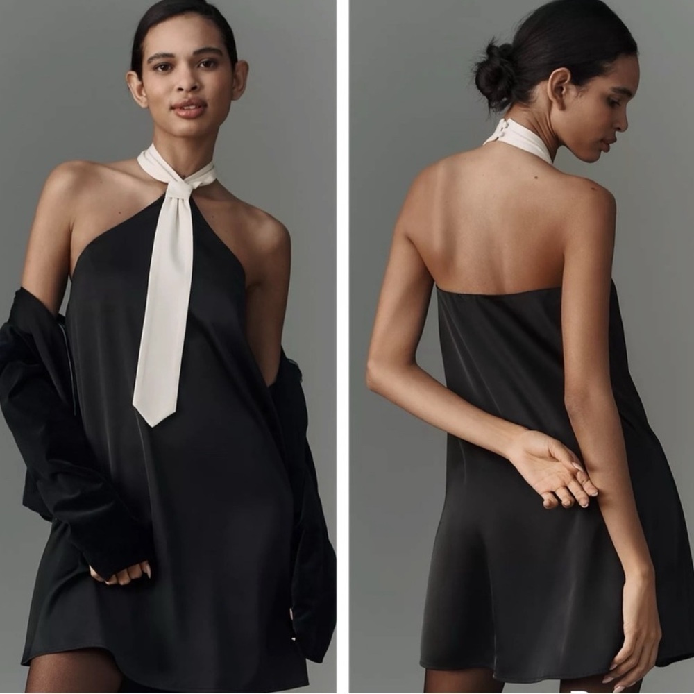 Anthropologie Black Satin Halter Slip Dress with Cream Neck Tie
